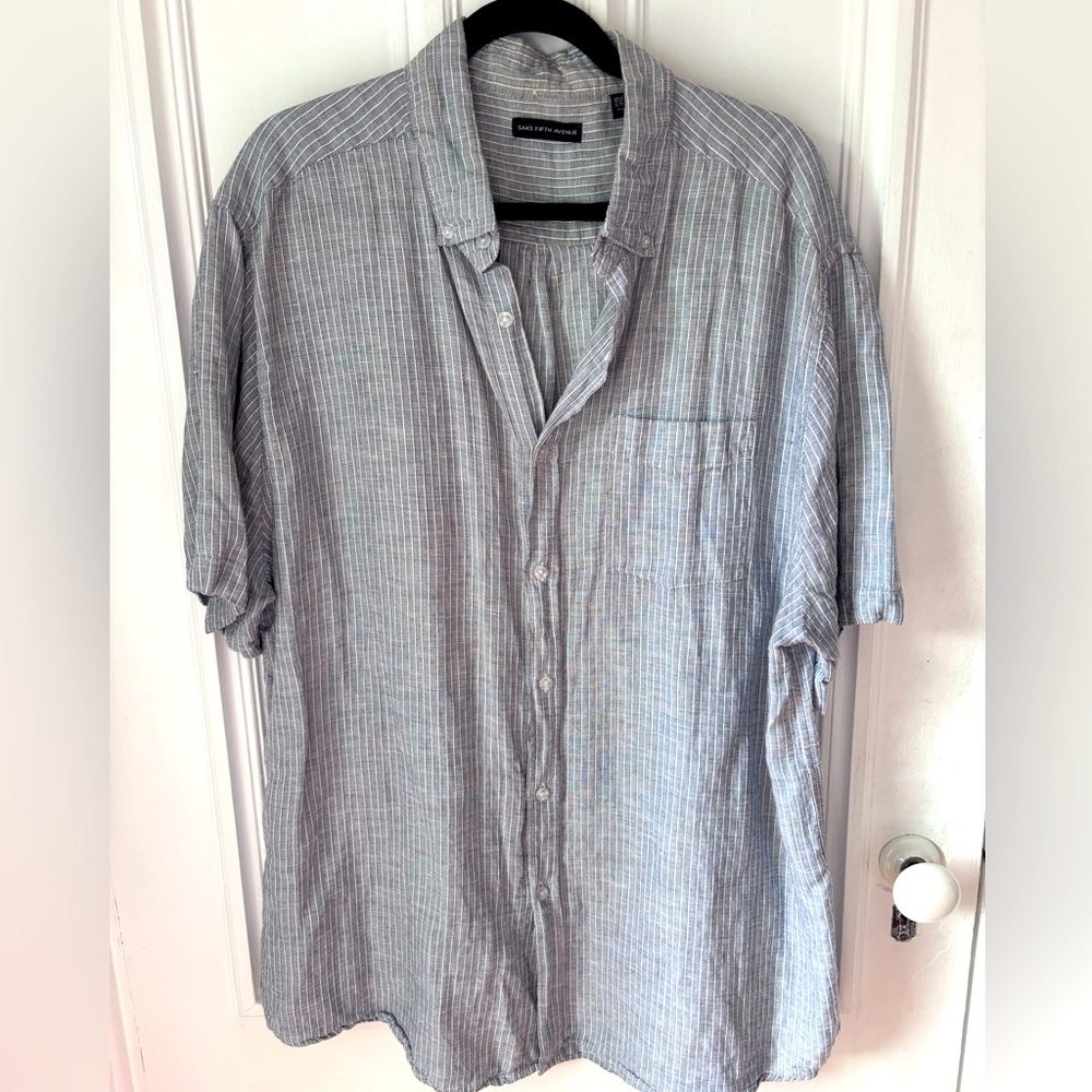 Men’s Sax Fifth Avenue Grey & White Stripe Short Sleeve Button Front Linen Blend